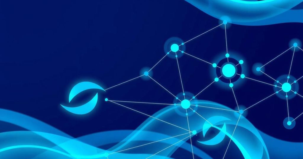 Symbolic partnership in education about artificial intelligence, featuring abstract motifs and vibrant blue hues.