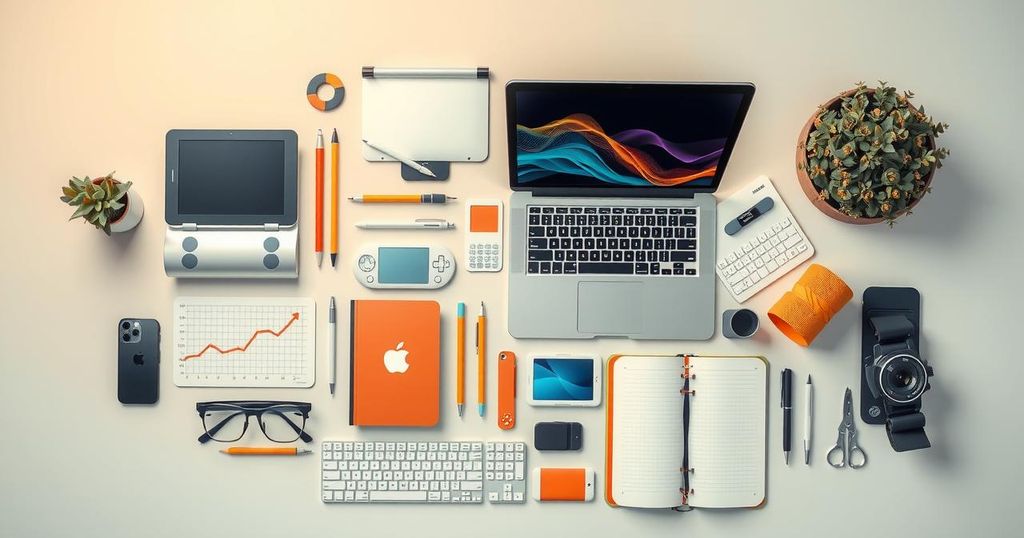 A colorful flat lay of modern tools like laptops and AI devices, with a vibrant, creative workspace.