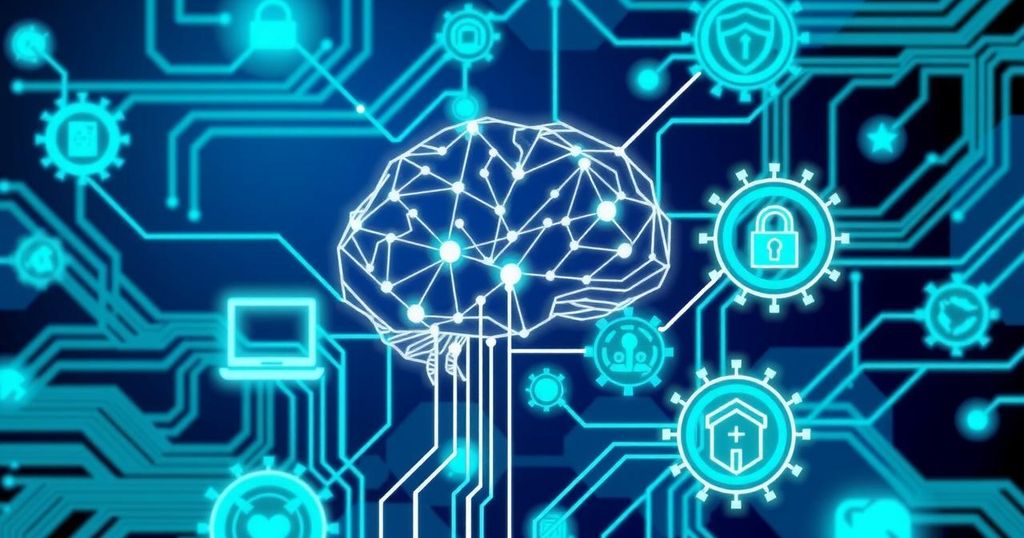 A conceptual graphic showing AI and cybersecurity integration with tech elements and a blue-green color scheme.