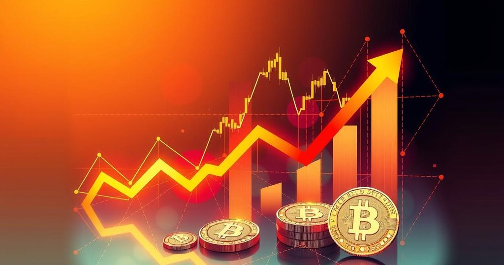 Abstract crypto market scene with rising charts and digital coins, warm colors and modern geometric art style.