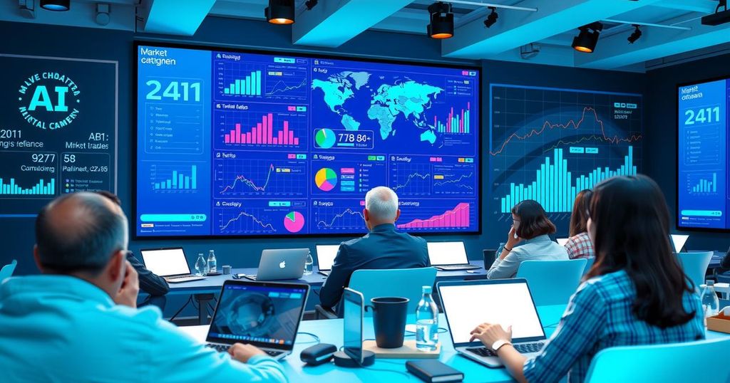 A business workshop scene showcasing digital tools, AI tools, and diverse market strategies in a vibrant setting.