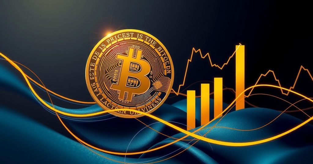 Abstract Bitcoin representation with the colors gold and dark blue showcasing market dynamics and price fluctuations.