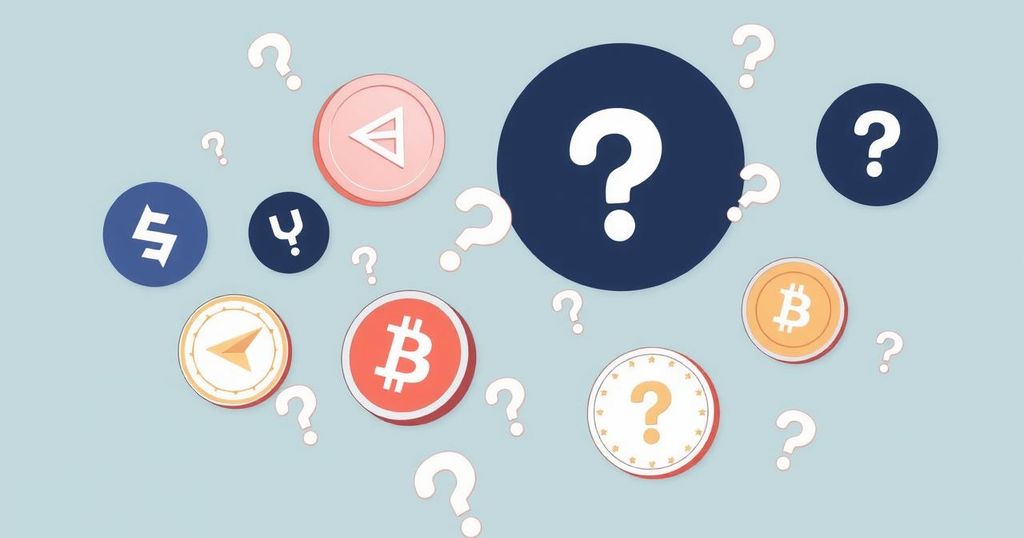 A stylized illustration of cryptocurrency symbols surrounded by question marks in a muted color palette.