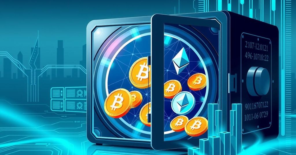 A digital representation of diverse cryptocurrencies within a secure digital vault, featuring vibrant colors and modern design.