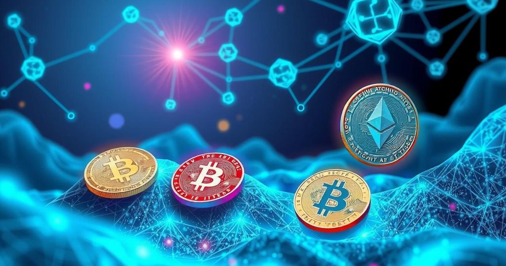 Abstract representation of a digital world, featuring cryptocurrencies and quantum technology in a futuristic style.