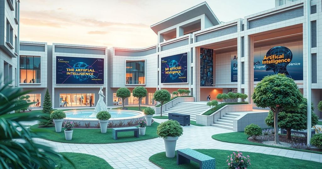 A futuristic university campus showcasing AI research, with advanced infrastructure and digital elements.