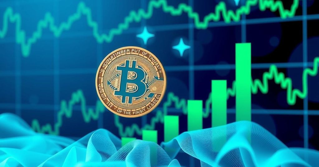 A digital currency symbol rising amidst abstract financial graphs, using a vibrant palette of blue and green hues.