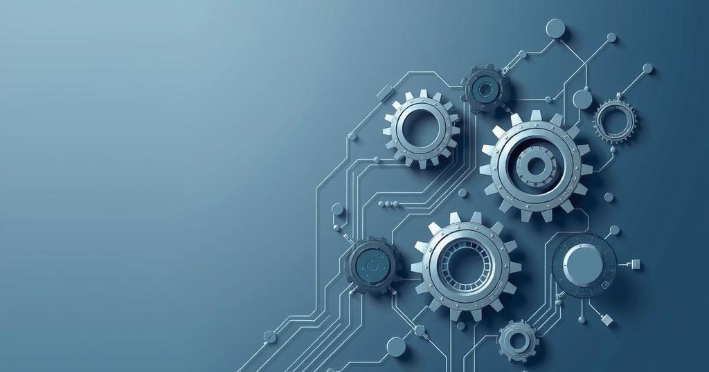 Abstract representation of regulation with sleek technology elements in a balanced color scheme of blue and gray.