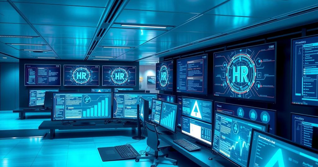 A digital representation of AI interacting with employment systems in a modern corporate setting.