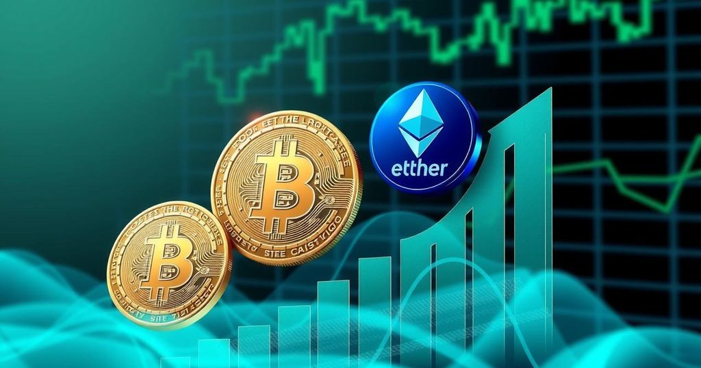 Crypto market with Bitcoin and Ether symbols gaining value against a backdrop of fluctuating financial indicators.
