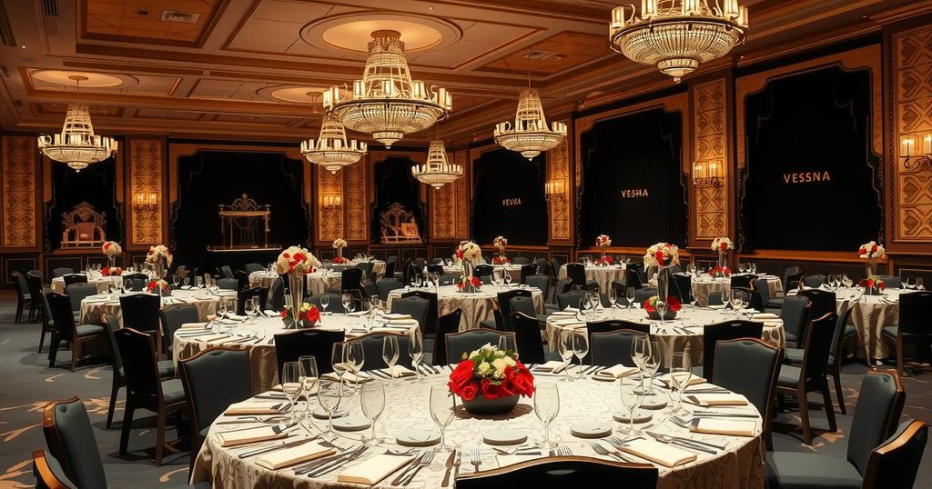 Elegant dining scene with luxurious decor featuring tables set for high-profile dinner event in a lavish venue.