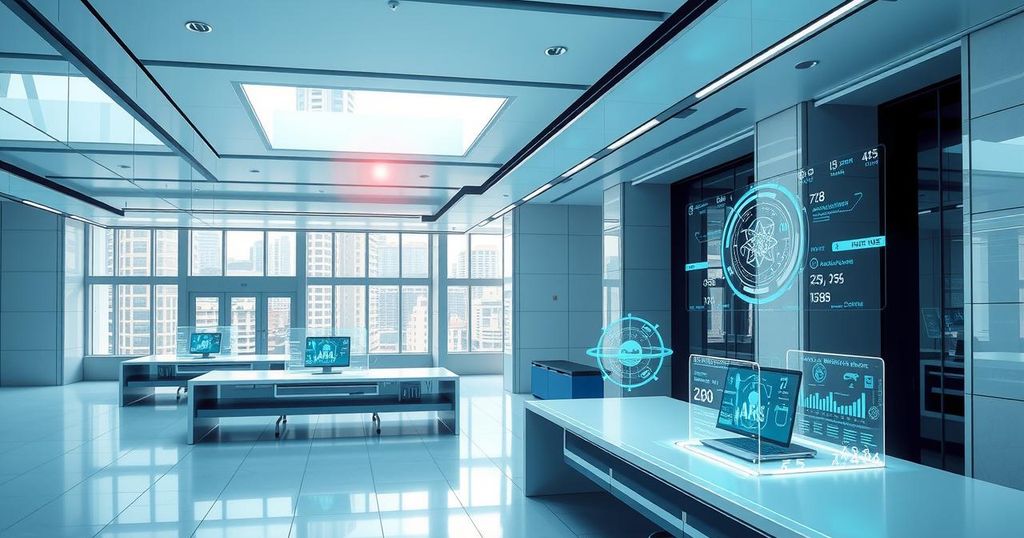A futuristic office environment with advanced technology and AI systems in action, showcasing efficiency and automation.