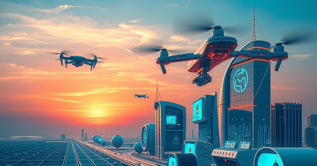 Visual representation of Saudi Arabia's AI market growth, featuring futuristic cityscape and technology elements.
