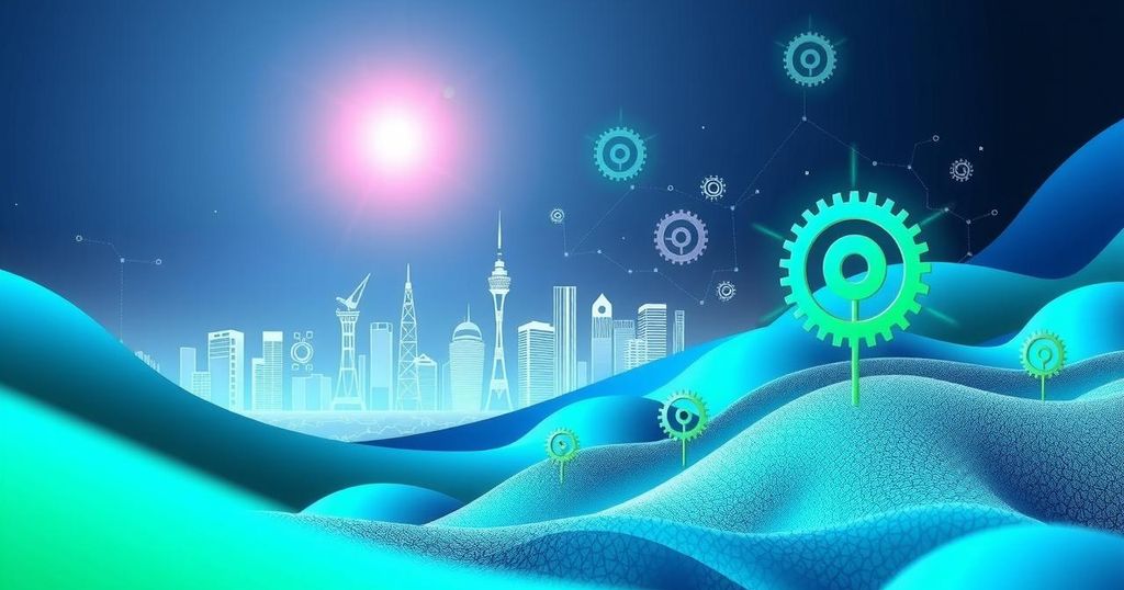 A digital landscape representing AI's positive impact on career opportunities, with vibrant colors and abstract shapes.