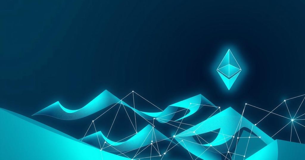 A vibrant digital illustration depicting Ethereum's blockchain progress with colorful geometric patterns and tech motifs.