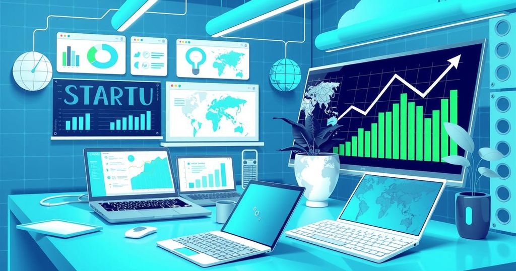 A vibrant startup scene with charts and tech elements, showcasing innovation and rapid growth in the tech industry.