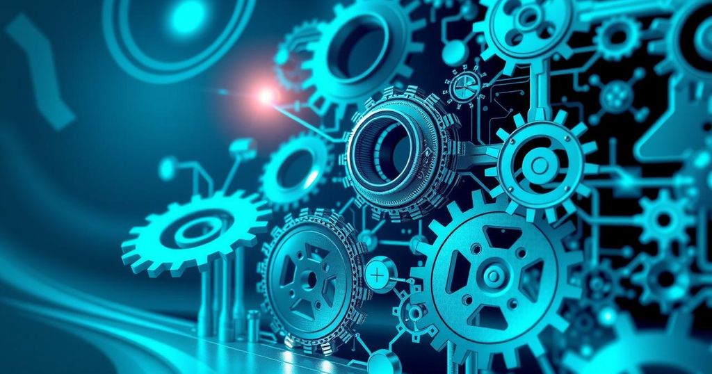 An abstract representation of artificial intelligence impacting workplace trust, with gears and digital elements in blues and greens.