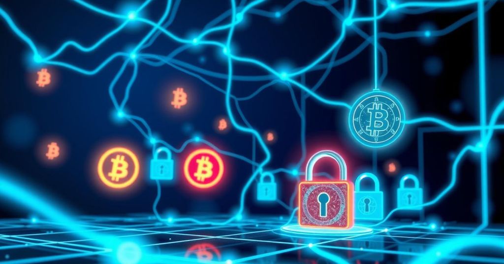 A digital representation of a cryptocurrency exchange with security elements, showcasing a cyber threat theme.