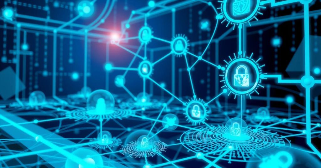 A digital illustration capturing the essence of advanced cybersecurity with AI technology and abstract network elements.