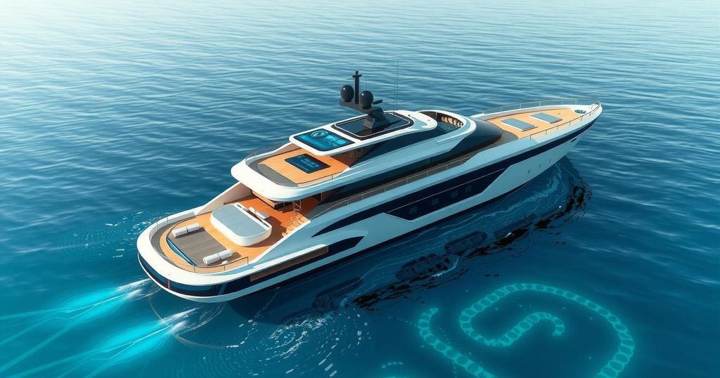 Futuristic yacht with AI features, sleek design, and augmented-reality screens in a serene ocean setting.