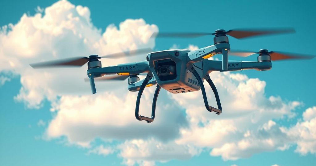 A drone soaring through a clear blue sky, showcasing its innovative design, with a backdrop of dramatic clouds.