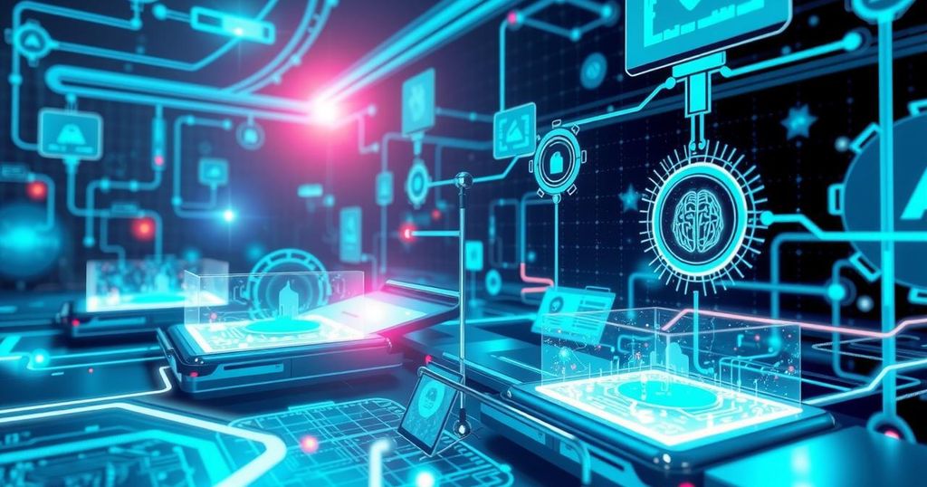 A futuristic landscape depicting technology advancements, with AI elements and vibrant digital screens.
