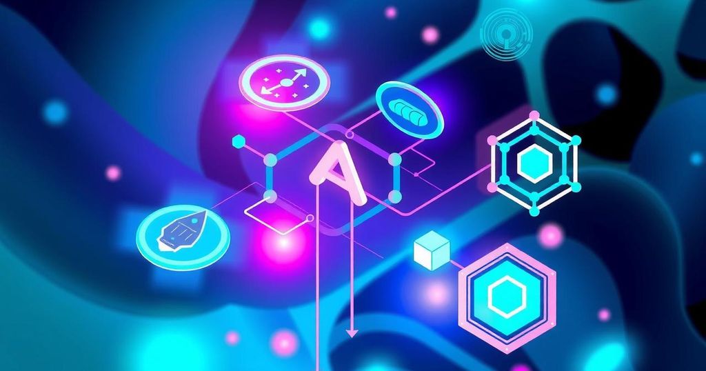 A collage of AI concepts showcasing neural networks, machine learning symbols and vibrant colors representing technology.