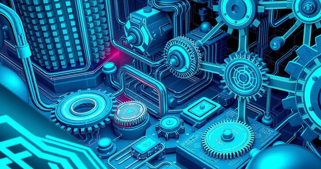 Technological landscape with circuits and gear aesthetics, representing AI hype and corporate interests in innovation.