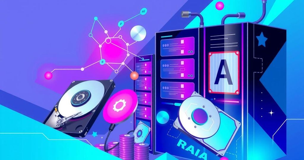 Colorful abstract design depicting tech and AI themes with hard drives and servers, reflecting innovation and tech ingenuity.