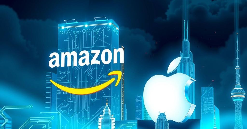 Visual representation of tech competition depicting Amazon's growth in AI over Apple with graphs and futuristic elements.