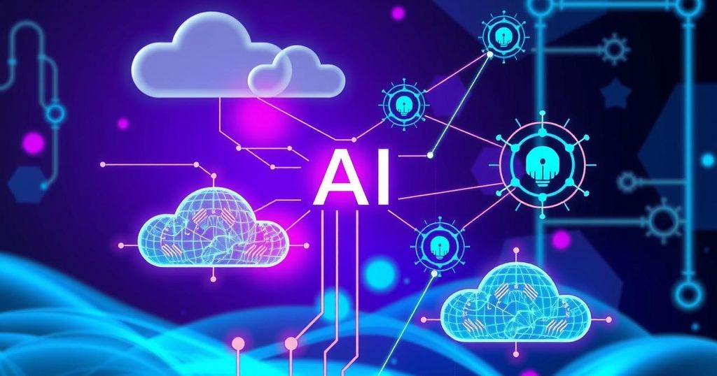 Abstract representation of AI technology, featuring AI elements, cloud computing, and data integration in a futuristic style.