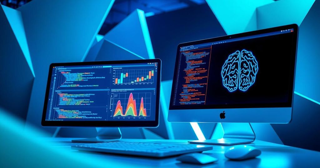 A digital workspace featuring AI integration, modern tech elements, and a vibrant blue-green color scheme.