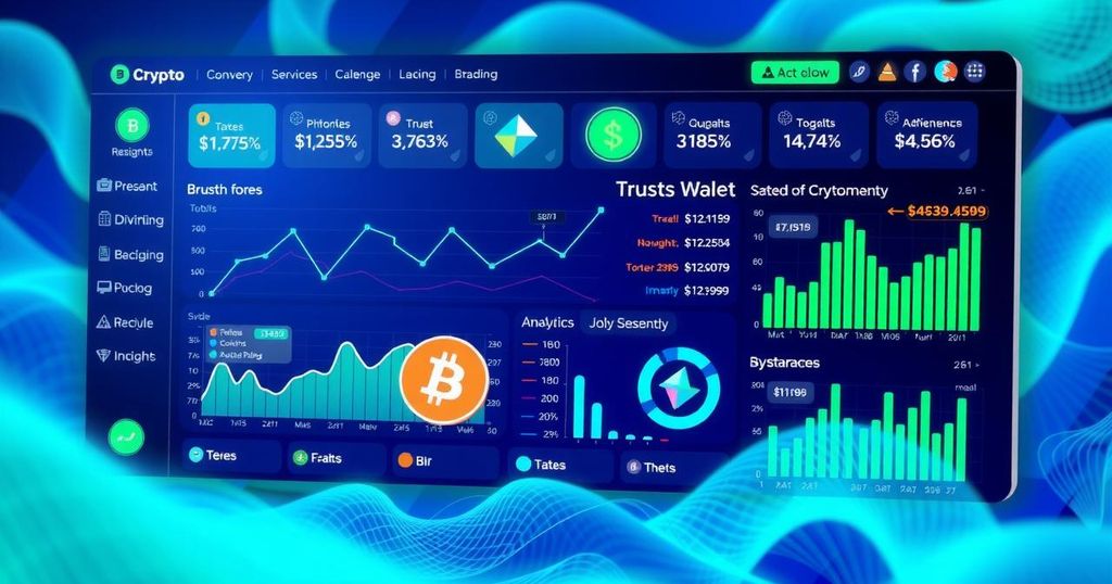 Colorful crypto wallet dashboard with blockchain graphics and trending token charts, emphasizing secure investing.
