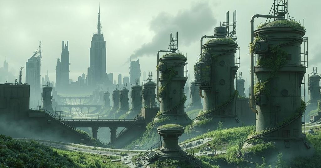 A futuristic cityscape symbolizing AI's impact on population, with abandoned buildings and sparse greenery.