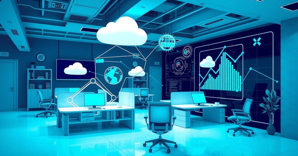 A futuristic digital workspace showcasing advanced technology concepts in HR management with vibrant blue and green colors.
