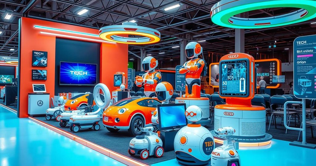 A tech event showcasing innovation with robotic gadgets and digital displays, featuring bright colors and a modern artistic style.