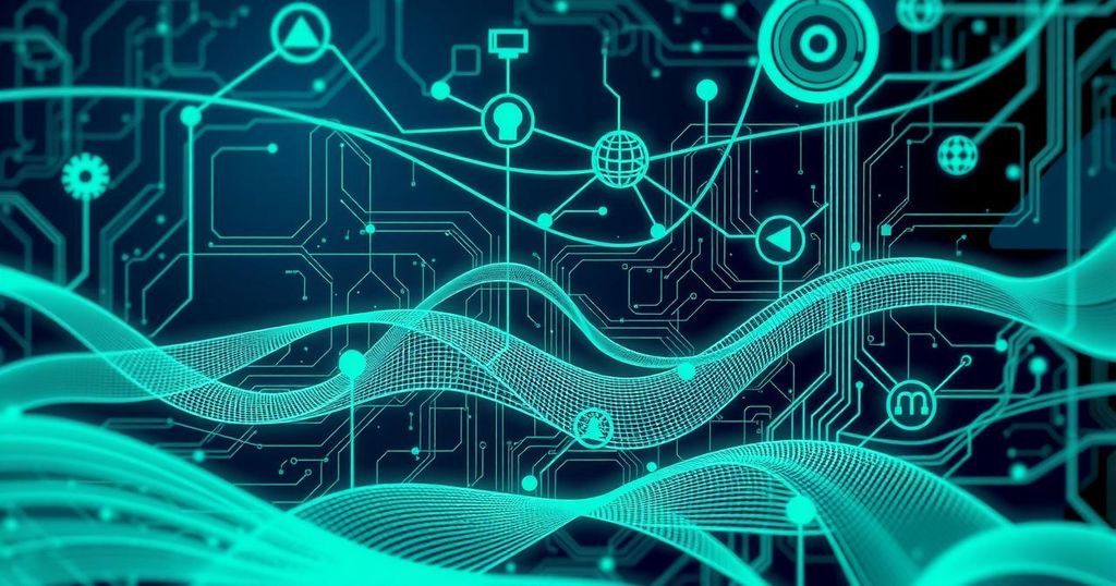 A vibrant digital landscape featuring circuit patterns and abstract symbols representing technology and intelligence.