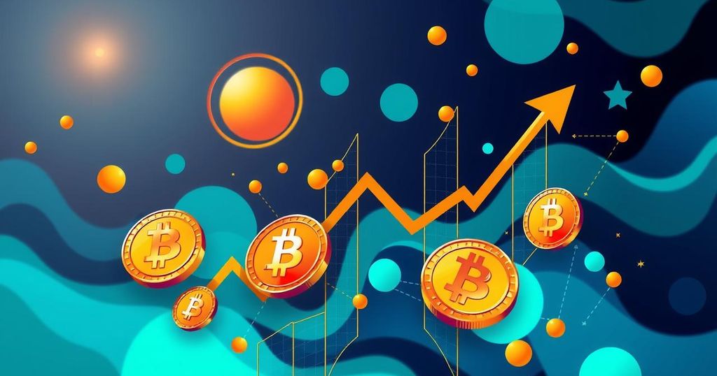 A modern digital art piece illustrating Bitcoin price trends with abstract crypto symbols in vibrant colors.