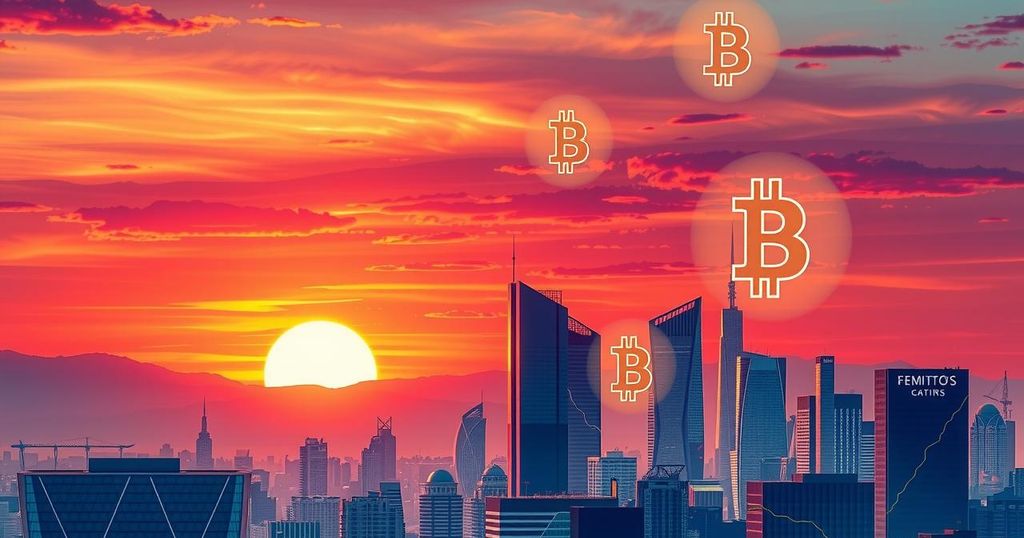 A futuristic city skyline with Bitcoin symbols, vibrant colors, and a digital trade theme