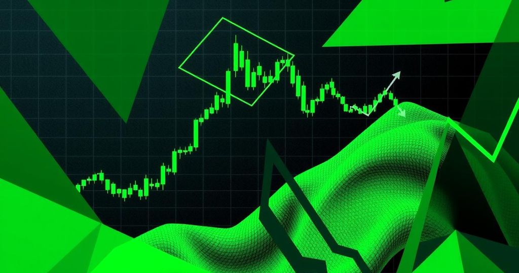 Colorful abstract representation of cryptocurrency market sentiment with green hues indicating greed and tension backdrop.