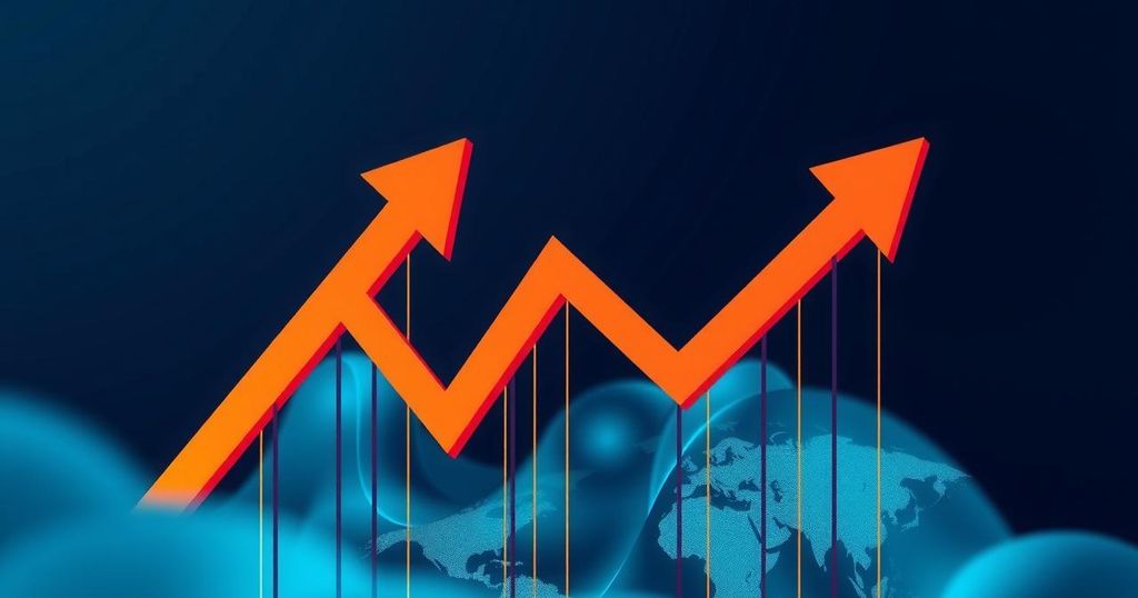 Abstract depiction of cryptocurrency market trends with bullish and bearish arrows in blue and orange hues.