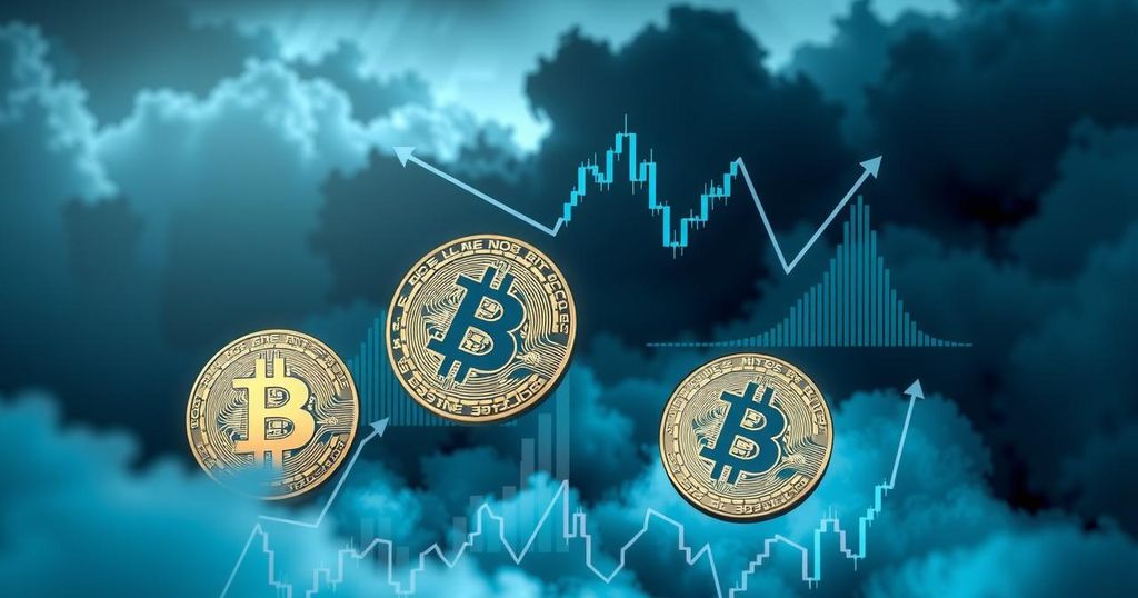 A digital illustration of Bitcoin symbols against a backdrop of fluctuating stock market graphs and clouds, in cool colors.
