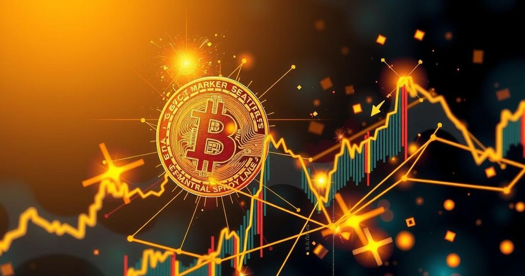 A futuristic, abstract representation of Bitcoin's price dynamics with geometric shapes and a gold color scheme.
