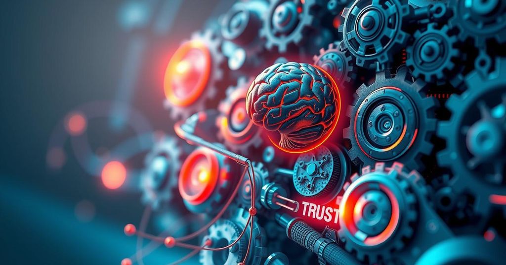 An abstract representation of AI and trust, featuring gears, a digital brain, and light effects.