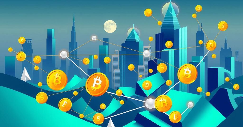 A conceptual digital landscape showcasing cryptocurrencies, blockchain networks, and financial symbols in vibrant hues.