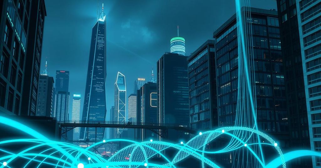 A digital concept of artificial intelligence in espionage, featuring a futuristic cityscape in dark blue and green tones.