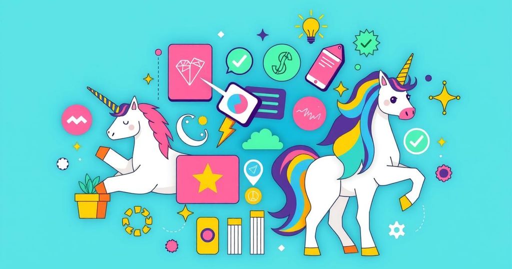 A colorful collage illustrating startup terms with playful icons representing Minicorn, Soonicorn, and Unicorn in a tech-themed style.