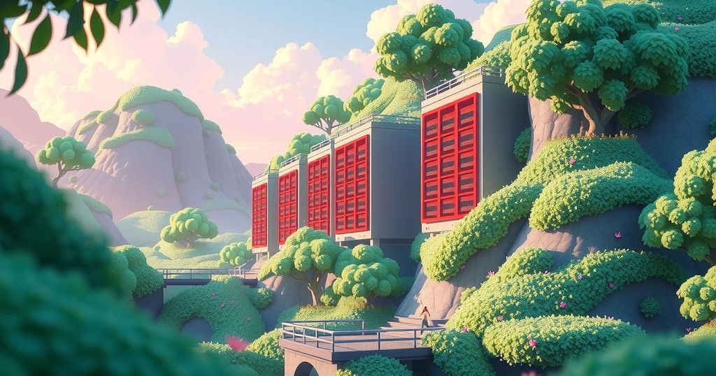 A digital landscape depicting large data centers consuming energy, inspired by Studio Ghibli's artistic style.