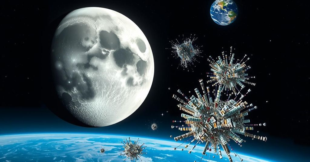 Illustration of asteroid approaching moon with debris clouds and Earth in the distance under a starry space backdrop.