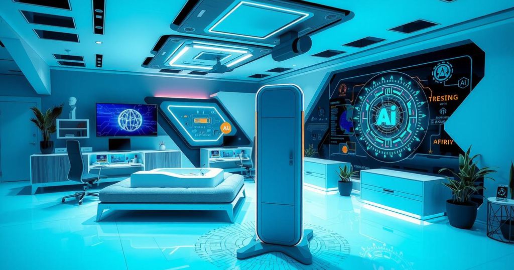 A modern tech workspace featuring AI elements with a vibrant color scheme and abstract design elements.